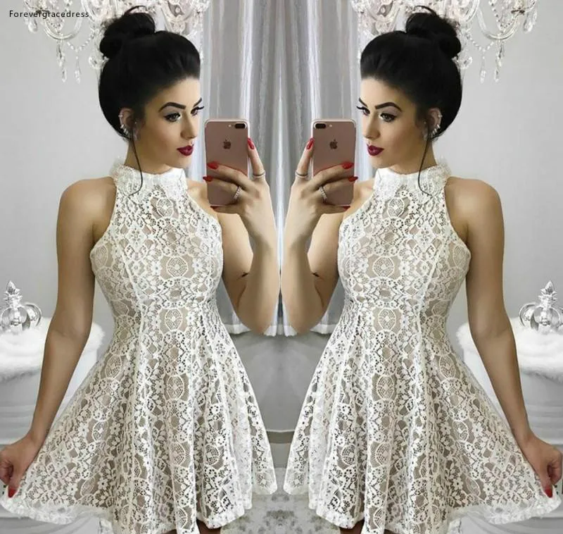 2018 Little White Short Cocktail Dresses A Line Halter Neck Lace Homecoming Dresses Arabic Short Prom Celebrity Gowns  108 (2)