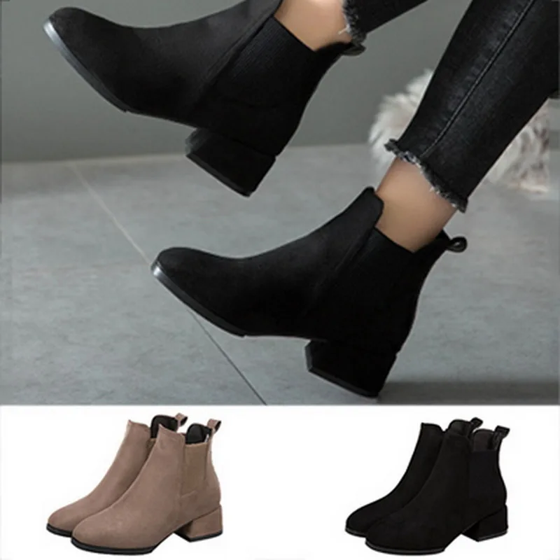 

MoneRffi Women Autumn Winter Flock Ankle Boots Slip-on Round Toe 3.5cm Square Heel Solid Casual Black Camel Booties Size 35-43