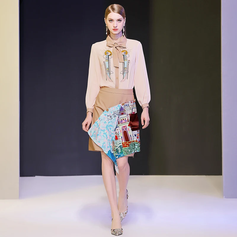 

DIDABOLE 2019 Autumn new bow turtleneck long-sleeved shirt waist lean irregular print skirt fashion suit