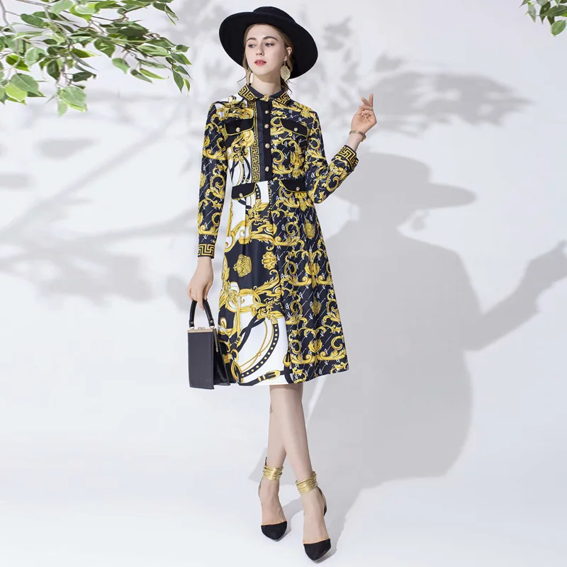 

Designer High Quality Autumn New Women'S Boho Fashion Workplace Party Beach Vacation Vintage Elegant Print Long Sleeve Dress