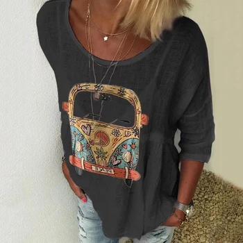 

Loose Cotton Ladies Blouse Summer Car Print O Neck Half Sleeve Women's Short Shirt 5XL Plus Size Womens Tops And Blouses