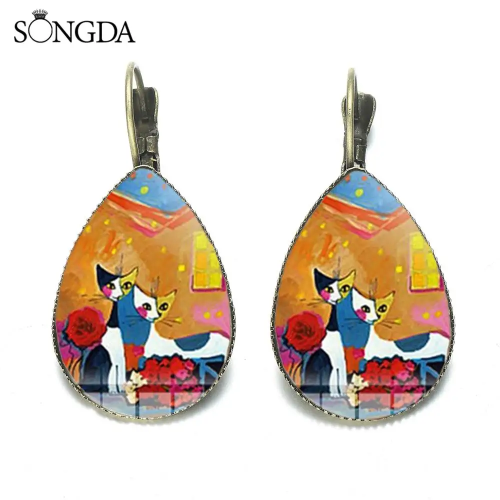 

SONGDA Vintage Design Colorful Cat Glass Art Earrings Abstract Art Oil Painting Print Teardrop Dangle Earrings for Women Jewelry Wholesale