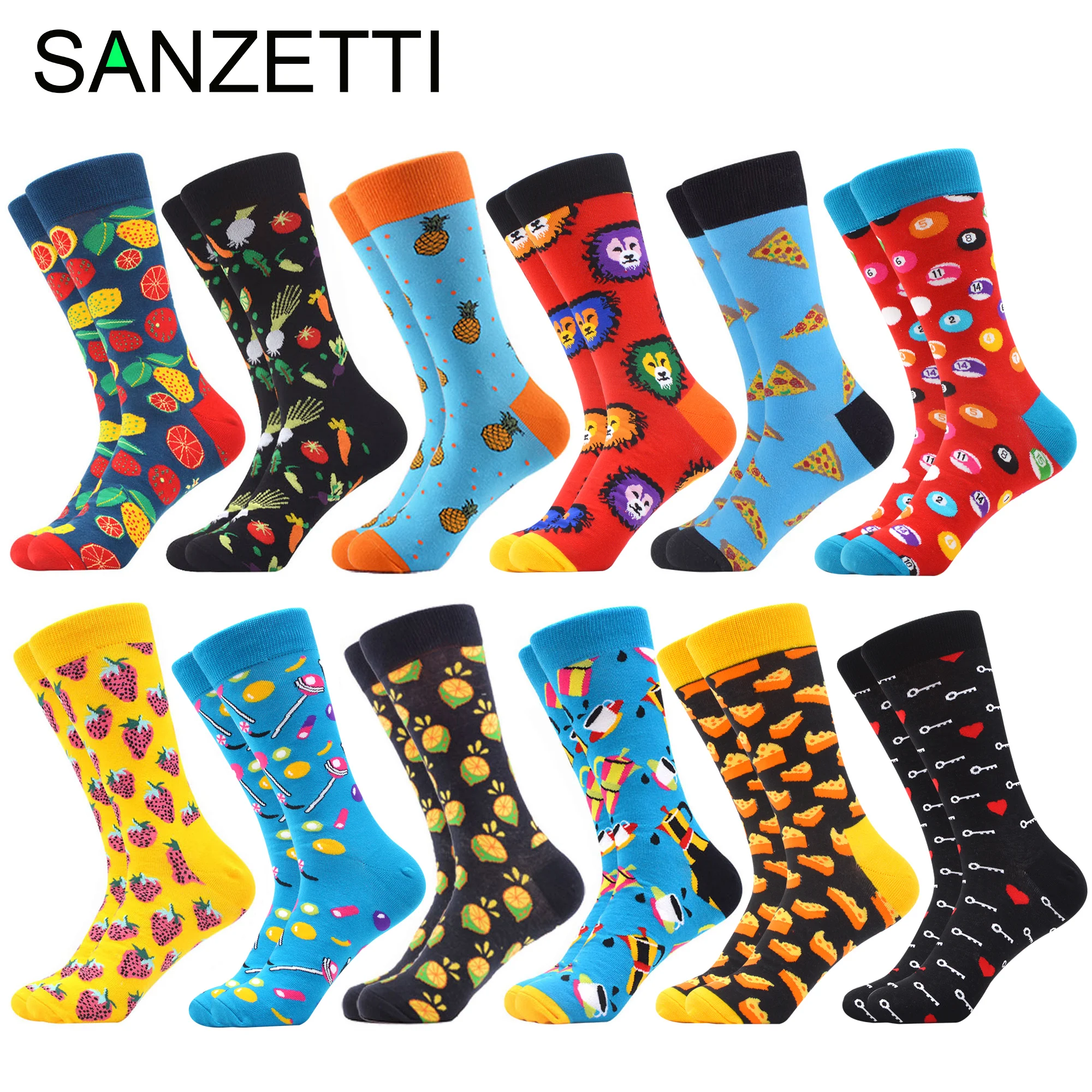 

SANZETTI 5-12 Pairs Colorful Men Crew Socks Happy Novelty High Quality Skateboard Gifts Socks Combed Cotton Fruits Animals Sock