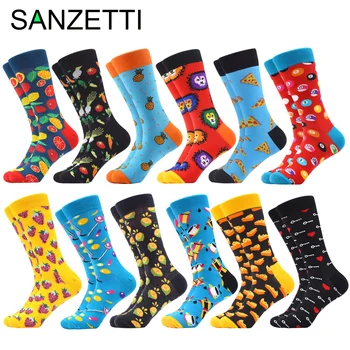 

SANZETTI 5-12 Pairs Colorful Men Crew Socks Happy Novelty High Quality Skateboard Gifts Socks Combed Cotton Fruits Animals Sock