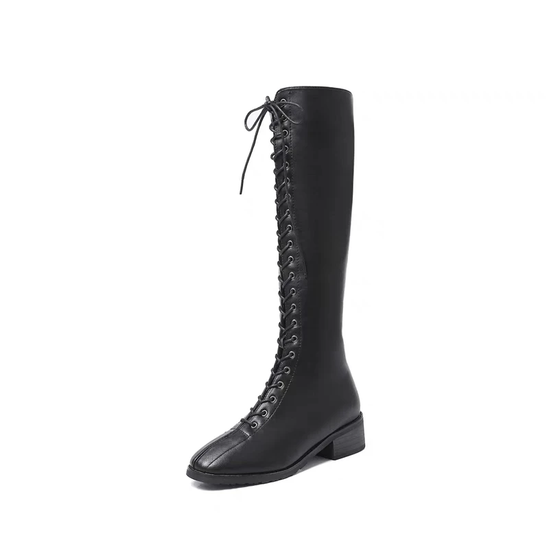 Autumn Lace Up Knee High Boots Women Black Square Heels Platform Rose Shoes Woman Winter Leather Botas Mujer Big Size