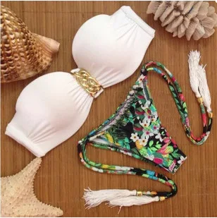 women's European and American ladies sexy hot print rims bikini straps split swimsuit two-piece suit and chest stickers - Цвет: Бежевый