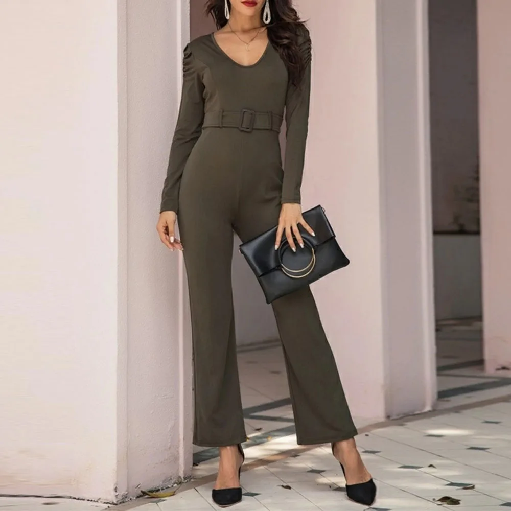

Women Simple Jumpsuits Office Lady 2020 Spring New Fashion Thin Slim Long Pant And Long Top Casual Solid Famale Young Work