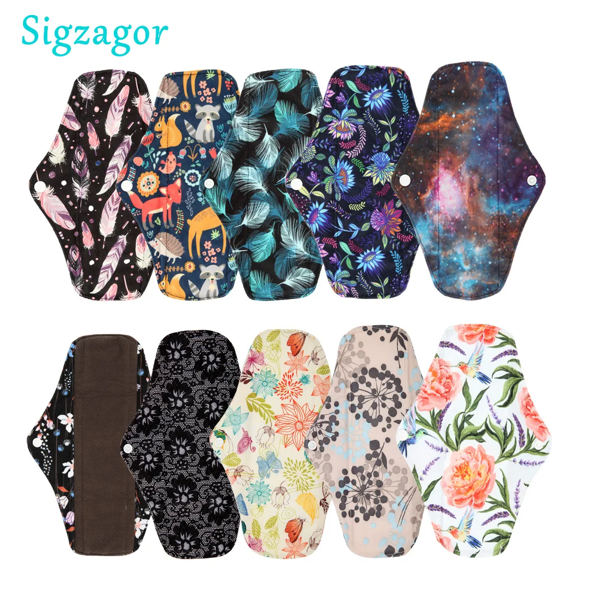 [sigzagor] 10 Long Panty Liners Reusable Washable Charcoal Bamboo Mama