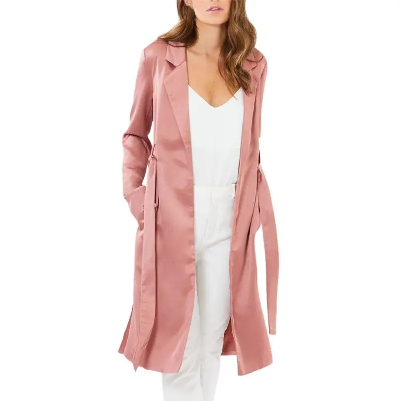 Gabardina larga de satén rosa con autoamarre para mujer, abrigo informal de manga larga con cinturón, ropa de trabajo para oficina, Otoño e Invierno