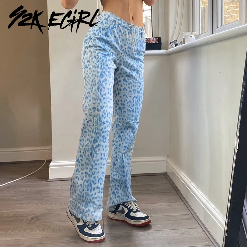 

Y2K EGIRL Harajuku Leopard Parttern High Waist Pants Aesthetics Loosed Blue Animal Print Long Trousers Punk Style Party Outfits