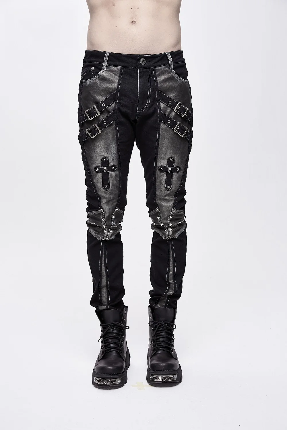 Devil Fashion Men's' Metal Buckets Cross Black Long Pants Rivets