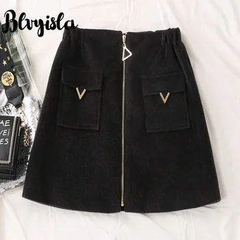 

Blvyisla 5XL Oversize Winter High Waist Zipper Woolen Skirt Female Double Pockets Rivet Mini A-line Skirts Sexy Retro Style