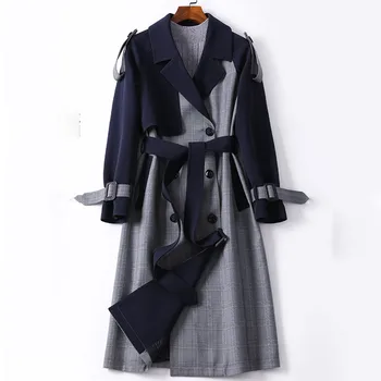 

Autumn Plaid Long Trench Coat Women Spring Elegant High Quality Office Coats Vintage Double-breasted Patchwork Belt Outerwear
