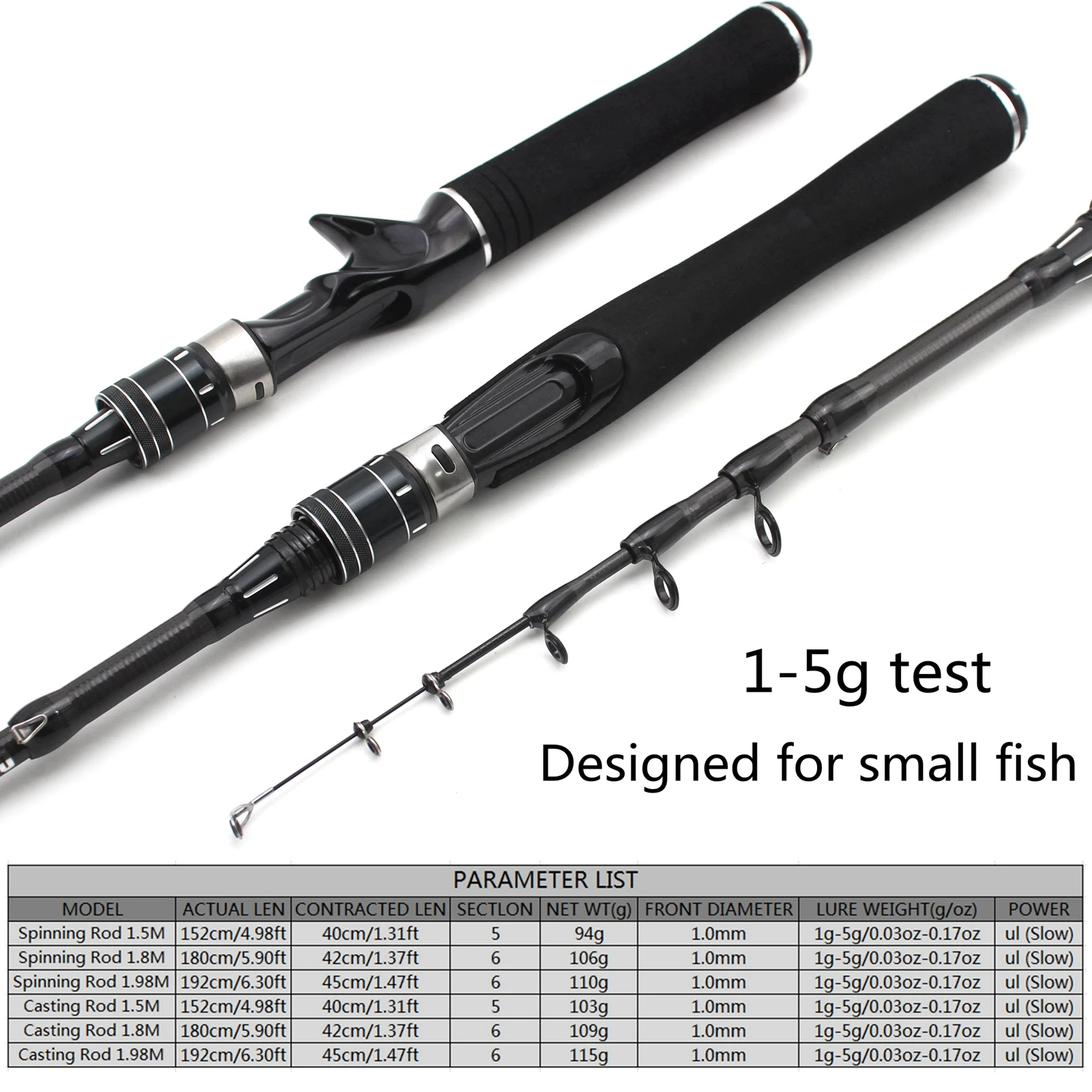 1.98M ul power Telescopic Fishing Rod Spinning Rod Lure Weight 1-5g Super  light and soft Catch small fish pole Sensitive tips