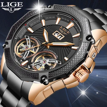 

LIGE 2020 Luminous Watch Male Mechanical Watch Double Automatic Tourbillon Waterproof Men Watch Calendar Date Relogio Masculino