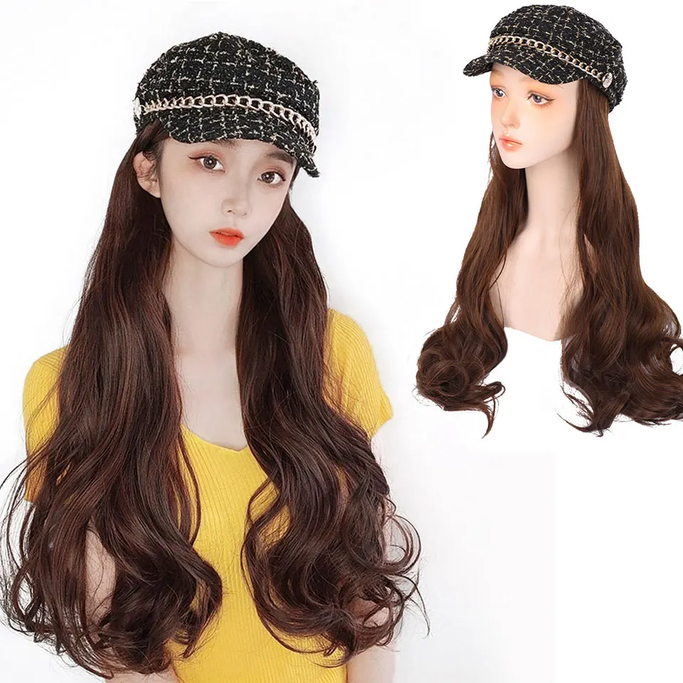 

Long curly synthetic hat wig hair extensions natural wave for black women party invisible no clips in extension MUMUPI
