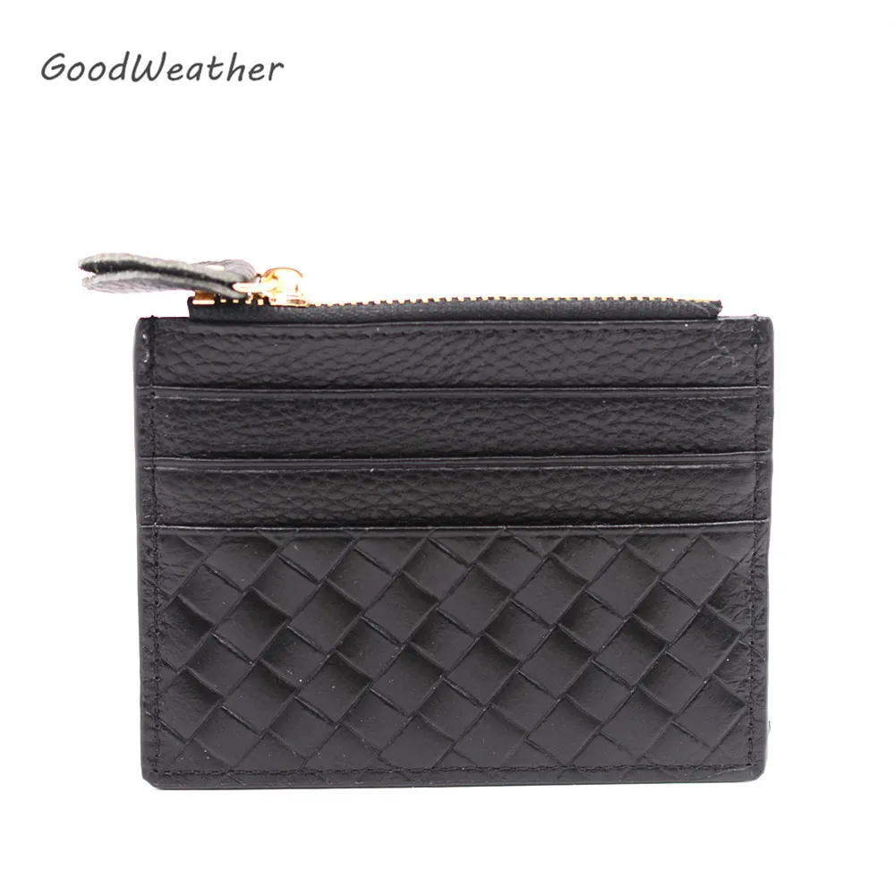 Genuine Leather Card Holder Female Black Plaid Credit ID Card Holders Zipper Wallet Change Coin Purse Keychain Business Card Bag