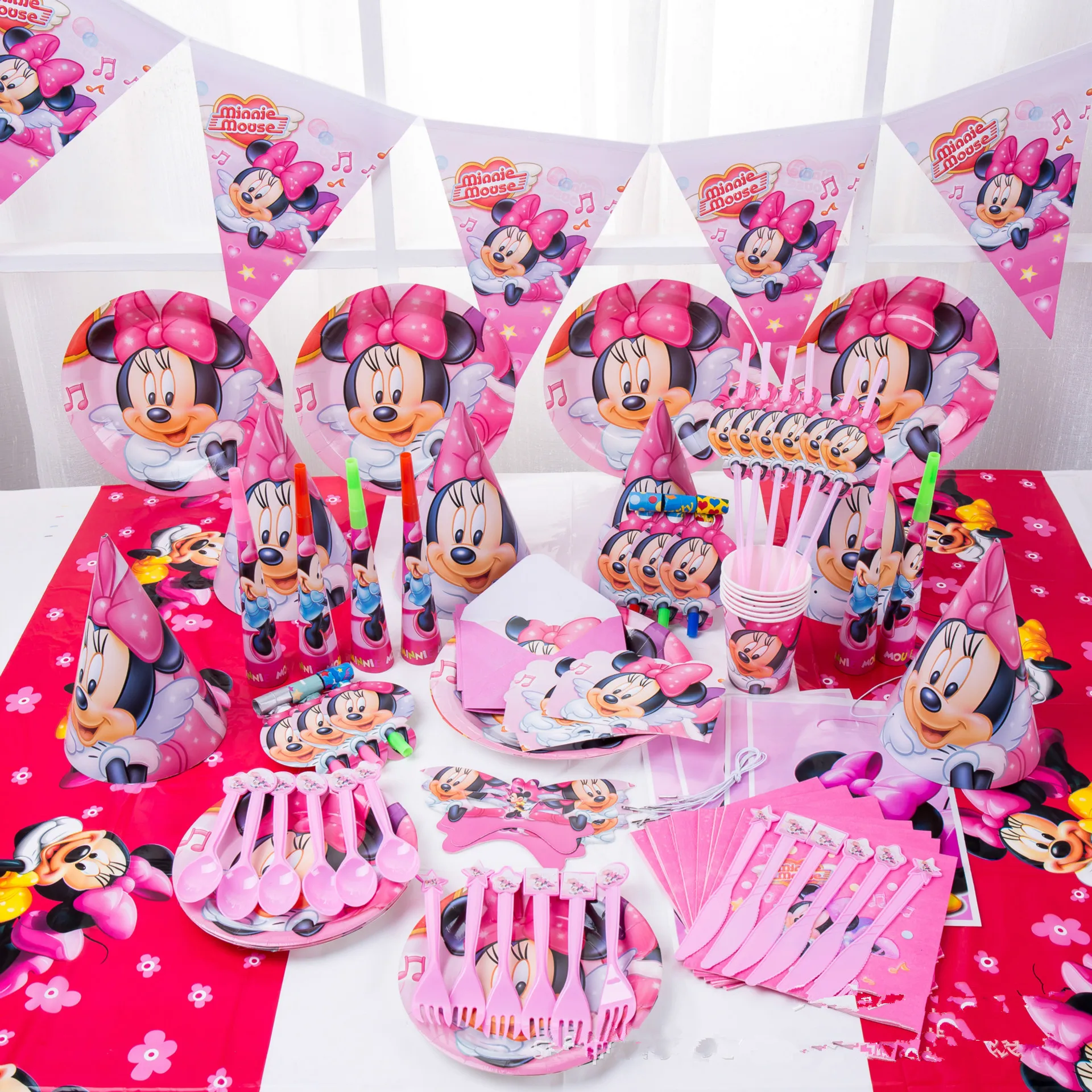 

Minnie party kids birthday party decorations minnie baby girls red disposable tableware plates cups straws banner flags ballons