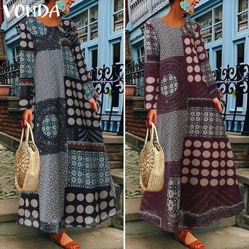 VONDA Для женщин лоскутное платье-рубашка с круглым вырезом с длинным рукавом в богемном стиле с принтом Хлопковые Платья-макси праздник в богемном стиле беременности и родам платья