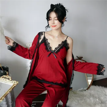 

New Cotton Pajamas For Women Sexy Pink Sleepwear 3 Pieces Pajamas Sets Female Home Clothes Black Lace Pyjama Loungewear