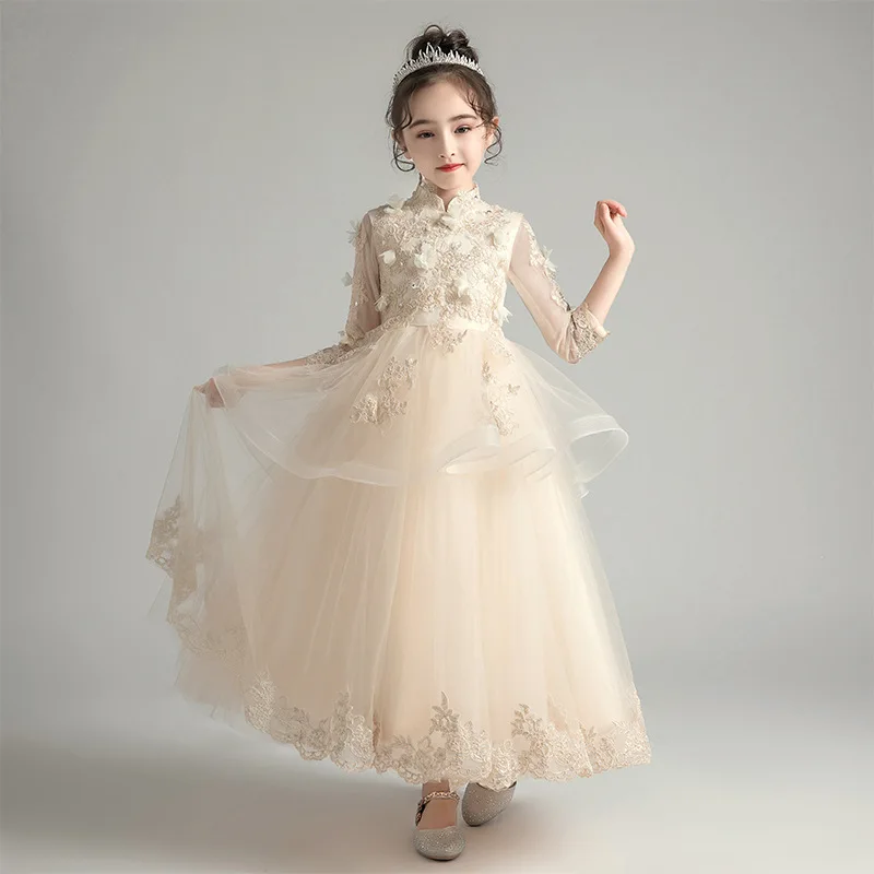 Платья с цветочным узором для маленьких девочек на свадьбу, банкет, платье для девочек, украшенное бисером, на день рождения, на Первое причастие, бальное платье с лепестками