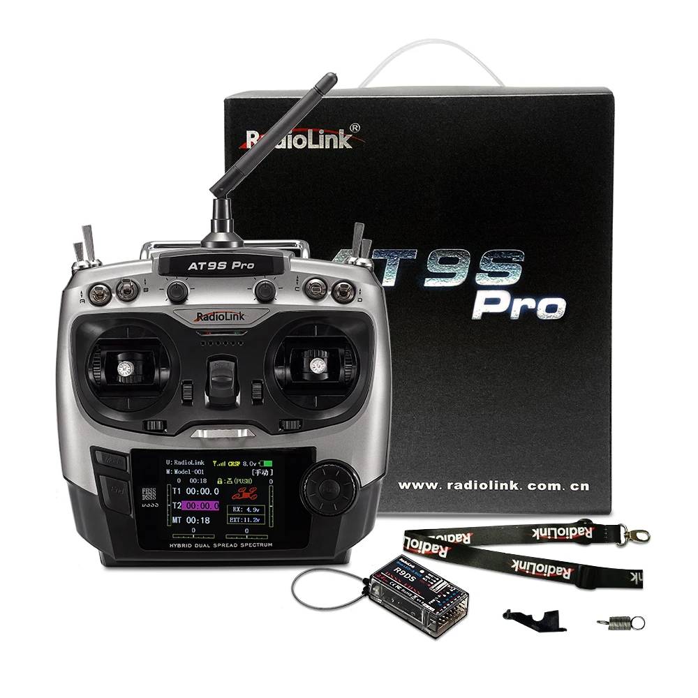 Vue arrière du récepteur RadioLink AT9S PRO 2.4G 12CH pour drone RC, connecteurs et antenne.
