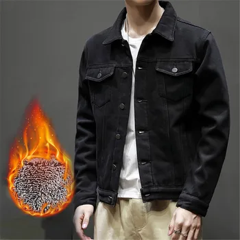 

Jeans jacket Men 2019 Men's Plus velvet Denim Overalls jacket Casual Black Long sleeve Thick jacket More sizes M-5XL