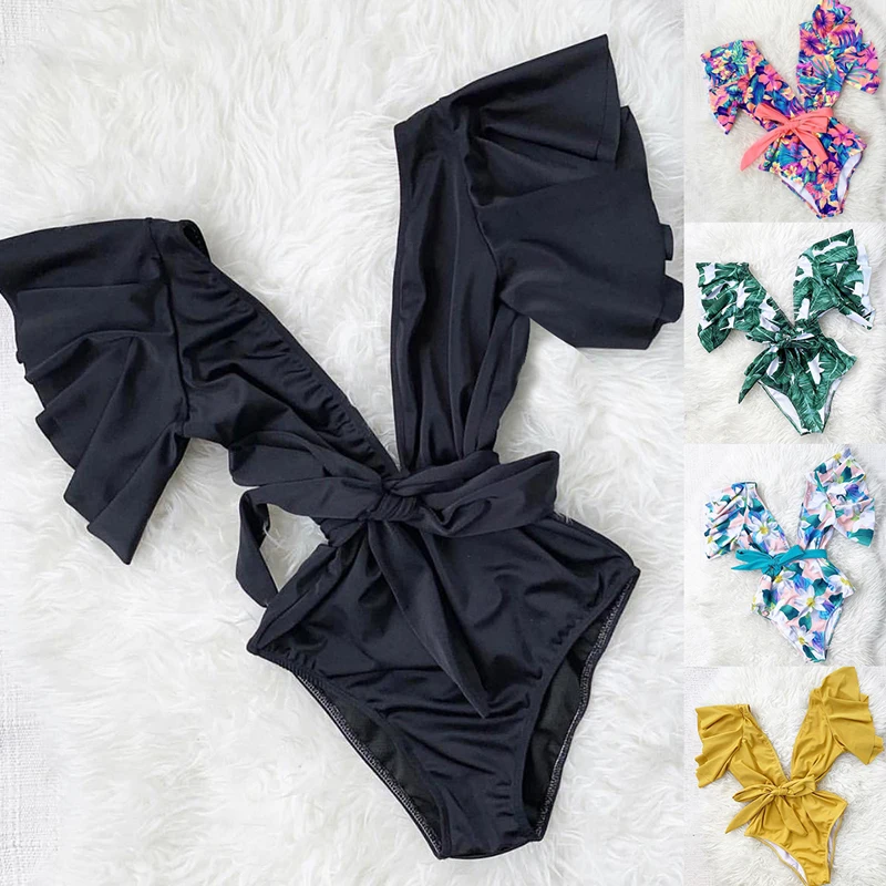 Bikini Suit Floral Print One Piece Slim Swimwear Women Thong Sexy Backless Monokini High Leg Boho Style Swimsuit Push Up Biquini