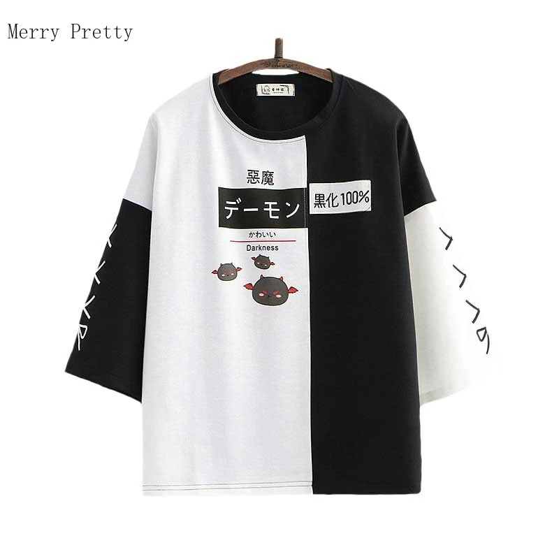 Summer Women S T Shirt Aesthetic Gothic Cartoon Print Patchwork T Shirts Half Sleeve O Neck Harakuju Tee Korean Style Tops Tees T Shirts Aliexpress