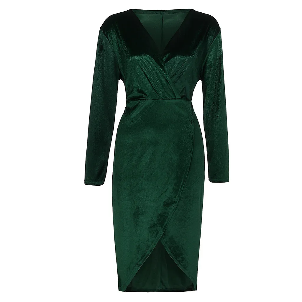 Плюс размер, зимнее платье, бархатное, повседневное, одноцветное, v-образный вырез, длинный рукав, Сплит, свободное платье, элегантное, с рюшами, драпировка, винтажное, женское, Vestidos - Цвет: Зеленый