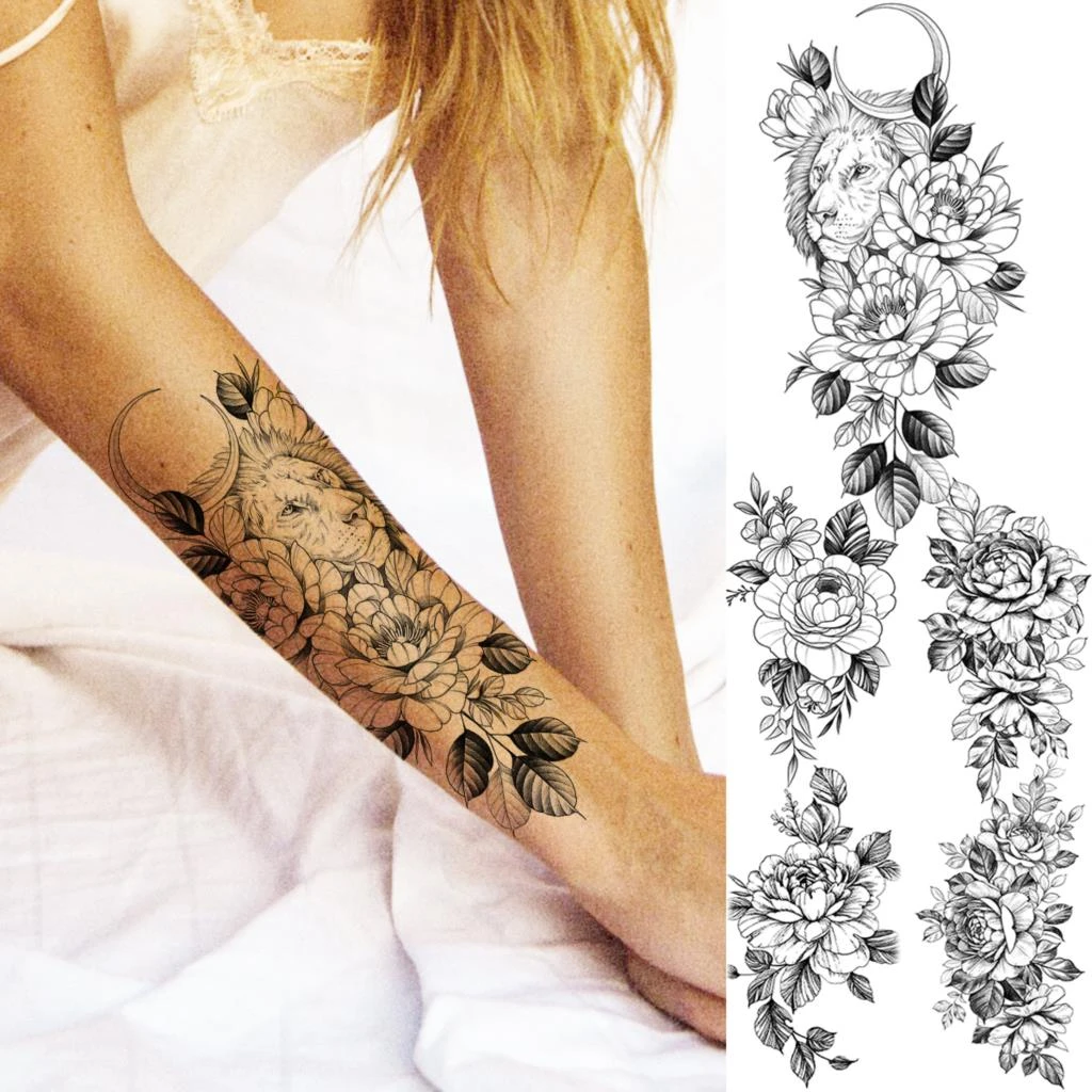 Tatouage Avant Bras Fleur Femme Faux Tatouage 3d Réaliste Pour Femmes, Fleur De Pivoine Noire, Lune De  Lion, Papier Imperméable Pour L'avant-bras - Tatouages Éphémères -  AliExpress