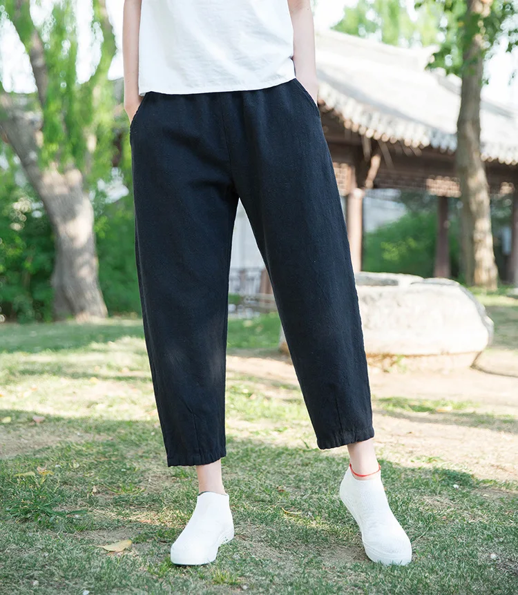 Johnature Loose Comfortable Solid Color Pockets Elastic Waist All-match Calf-length Pants 2020 Autumn New Women Straight Pants