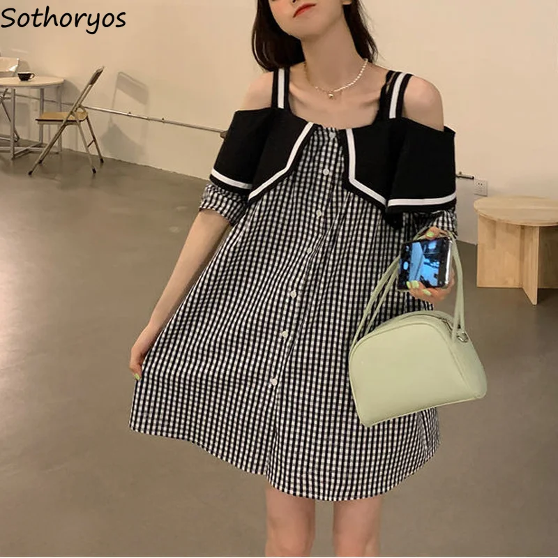 

Women Dresses Short Sleeve Plaid Single Breasted Leisure Elegant Retro Streetwear A-line Patchwork Design Lovely Ulzzang Teens