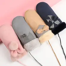 Женские зимние теплые Утепленные перчатки с милыми заячьими ушками замшевые лыжные варежки