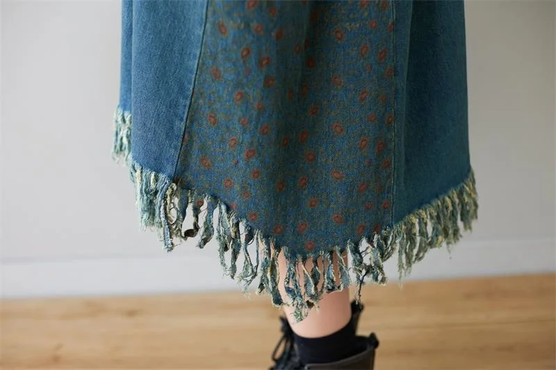 Amax luluE 2024 Spring Womens Loose Leisure V-Neck Dresses Ladies Tassel Design Long Vestidos Vintage Oversized Denim Streetwear