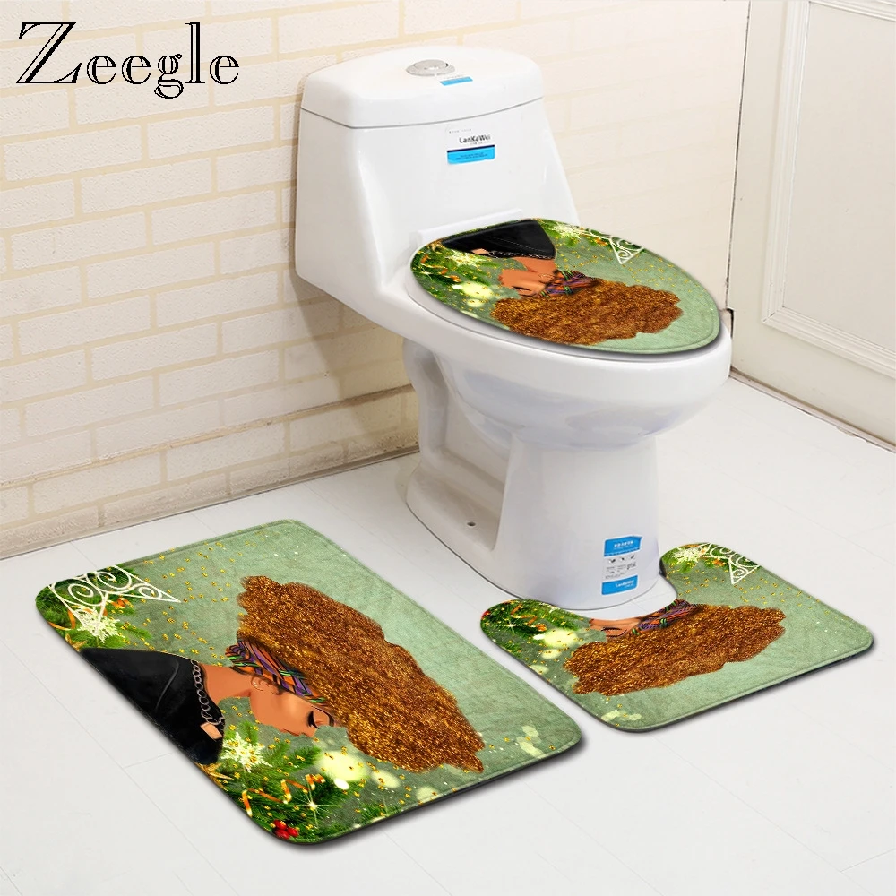 

Zeegle Printed Cartoon 3pcs Bath Mat Set Anti-slip Bathroom Floor Mat Flannel Toilet Seat Cover Toilet Bath Rug Absorbent Carpet