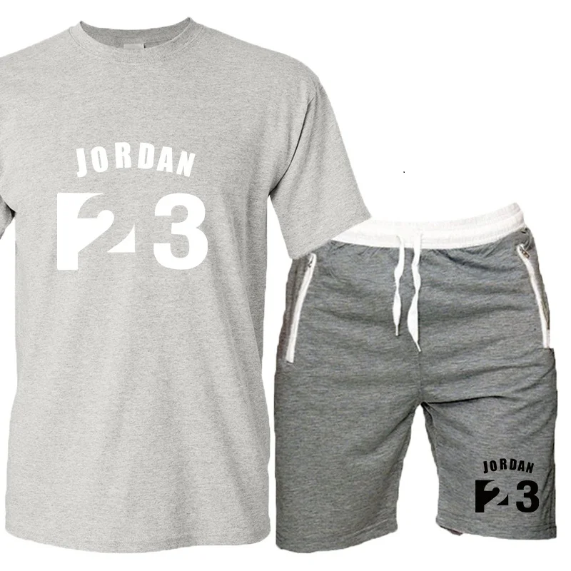 JORDAN 23 спортивный костюм с принтом футболка+ шорты модные тенденции в фитнесе хлопковые брендовые футболки для мужчин одежда для бодибилдинга M-XXL - Цвет: Gray-B-HuiK