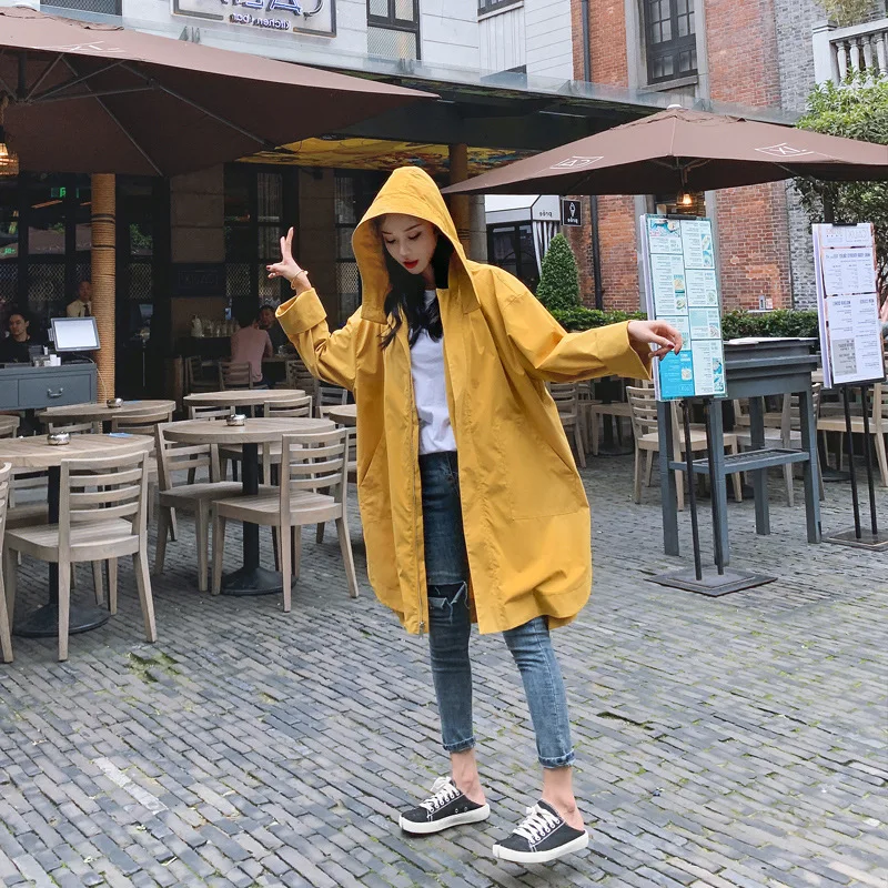 

Yellow Trench Coat Women's Mid-length Spring And Autumn Korean-style Students Loose-Fit Hooded Casual Versatile 2019 New Style E
