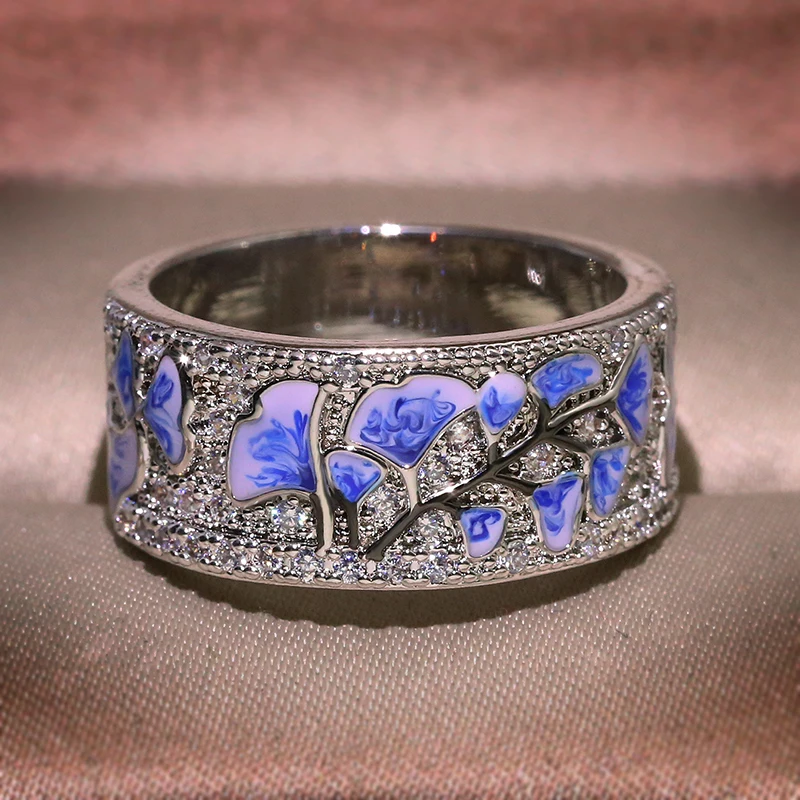 Горячая Распродажа, женские кольца с голубым белым цветком из кубического циркония, кольца с цветком с камнями, ювелирные изделия из кубического циркония с эмалью