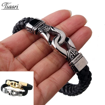 

Tiasri Fashion Leather Men's Bracelet High Quality Stainless Steel Fist Shape Design Punk Hip-Hop Jewelry Accessories Gift 2020