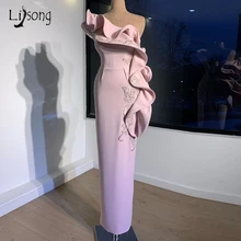 Реальное изображение, эластичное розовое прямое плиссированное платье для выпускного с аппликациями и оборками, скромное вечернее платье, Длинные вечерние платья, vestido de festa