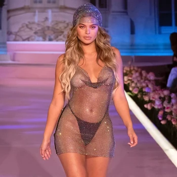 

Fashion See Through Mini Dress Shiny Rhinestone Halter Metal Chain Backless Side Slit Vestido Music Festival Lady Mini Dresses