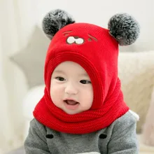 2021Baby Knit Short Plush inlayer Hooded Scarf Kid Hat And Scarf Child Winter Warm Protection Ear Hat Girl Boy Cute Cap kids hat