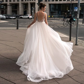 

Summer Dress 2020 Sexy Bridal Dress V Neck Beach Wedding Dresses A Line Robe de Mariee Backless Boho Wedding Dress Blush Beading