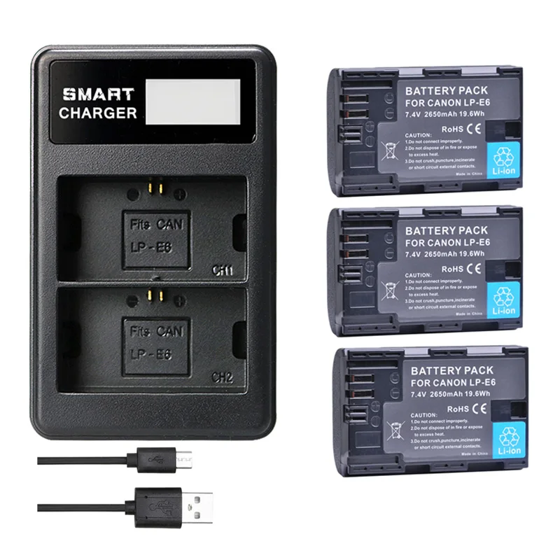 Battery Charger Rechargeable Lithium Batteries LP E6 LPE6 LP-E6 E6N Battery+LED Dual Charger Kit for Canon EOS Cameras
