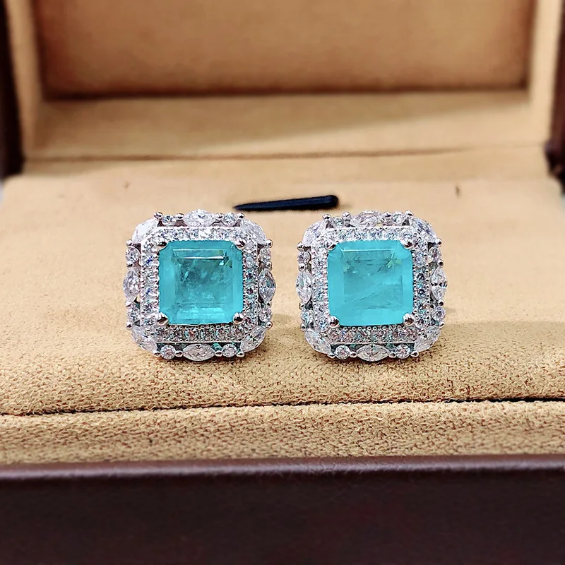 OEVAS Vintage 100% 925 Sterling Silver 7*7mm Paraiba Tourmaline Gemstone Ear Studs Earrings Ladies Fine Jewelry Wholesale
