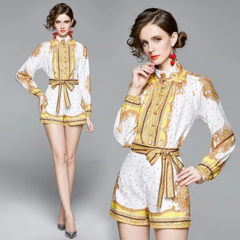 

Fashion Designer Retro 2 Piece Suit Set Women Short Sleeve Print Shirts Blouses + Sashes Belted Shorts Set Female Mini Pant Set
