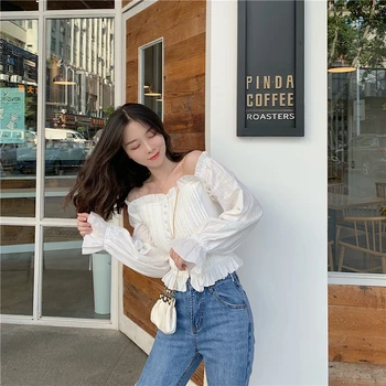 

Sexy Crop Top Woman White Blouses Spring Summer Girls Ladies Holiday Street Top New Off-Shoulder High Waist Flare Sleeve Blouses