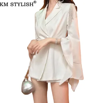 

2 Piece Set For Women 2019 Autumn New Trends Heavy Industry Tassels Diamonds Ruffles Sleeve Chiffon Blazer Shorts Suits