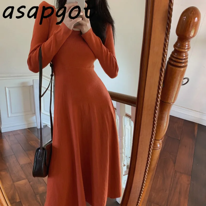 Женское винтажное облегающее платье Asapgot оранжевое трикотажное с длинным